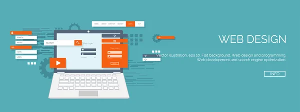 Illustrazione vettoriale. Contesto informatico piatto. Programmazione e codifica. Sviluppo web e ricerca. Ottimizzazione dei motori di ricerca. Innovazione e tecnologie. App mobile . — Vettoriale Stock
