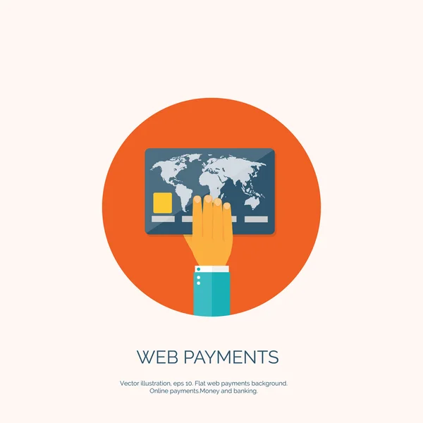 Illustrazione vettoriale. Fondo piatto con mano e carta di credito. Online banking. Shopping su Internet. Negozio Web e pay per click . — Vettoriale Stock