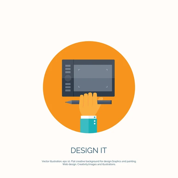 Ilustración vectorial. Fondo plano con mano y tableta gráfica. Diseño web. Dibujo — Vector de stock