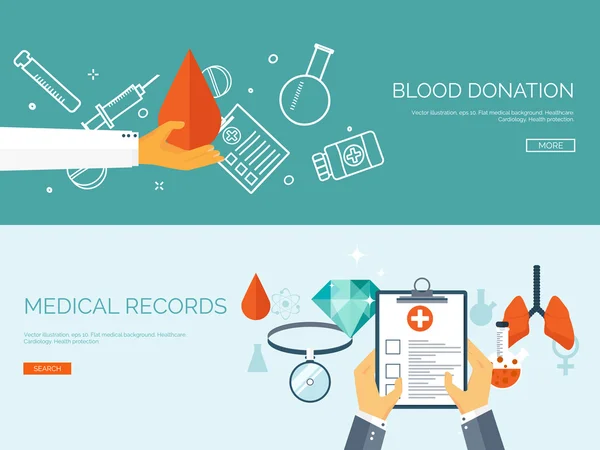 Vektor ilustrasi. Tajuk datar. Latar belakang medis. P3K dan diagnostik. Penelitian dan terapi medis. Pelayanan kesehatan global . - Stok Vektor