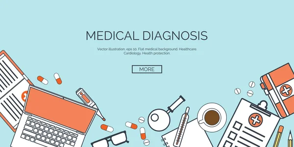 Vector illustration. Flat medical background. First aid and diagnostic. Medical research and therapy. Global healthcare. — Stock vektor