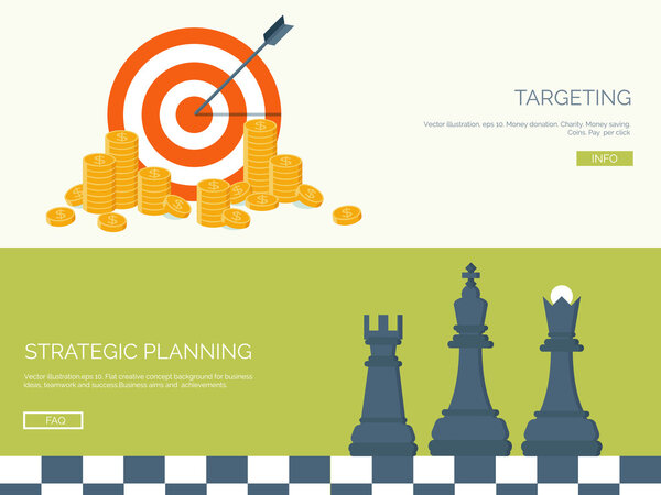 Flat vector illustration backgrounds set. Target, coins and chess. Management and achievements. Smart solutions and business aims. Generating ideas. Business planning and strategy