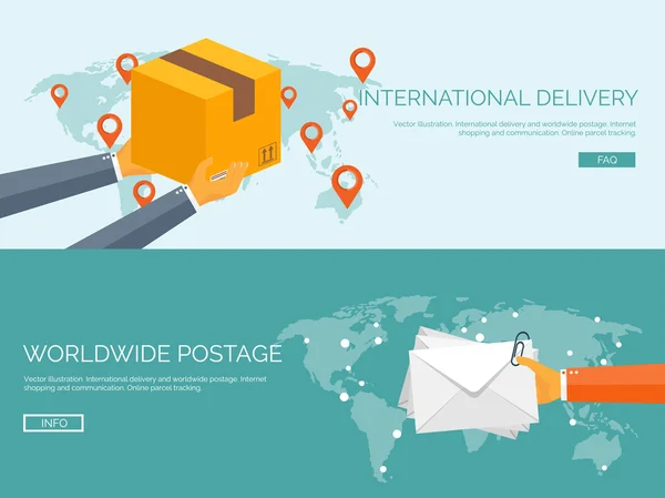 Flat vector illustration backgrounds set. International delivery and worldwide postage. Emailing and online shopping. Envelope and package.