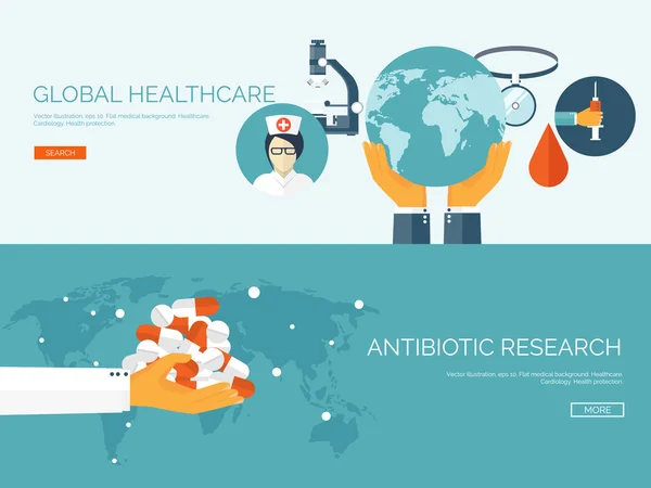 Ilustração vetorial. Cabeçalho plano. Antecedentes. Primeiros socorros e diagnóstico. Pesquisa médica e terapia. Saúde global . — Vetor de Stock