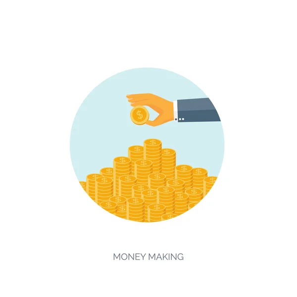 Ilustración vectorial. Haciendo dinero. Fondo plano con mano. Negocios. Soluciones inteligentes . — Vector de stock