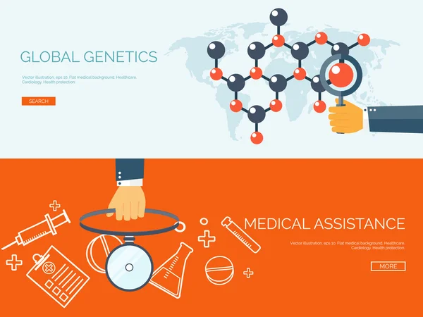 Illustration vectorielle. En-tête plat. Une formation médicale. Premiers soins et diagnostic. Recherche médicale et thérapie. Soins de santé mondiaux . — Image vectorielle