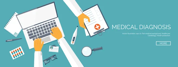 Vector illustration. Flat header. Medical background. First aid and diagnostic. Medical research and therapy. Global healthcare. — Stockvector