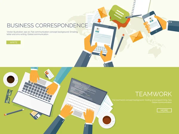 Flat vector illustration backgrounds set. Business correspondence and communication. Teamwork. Smart solutions. — 图库矢量图片