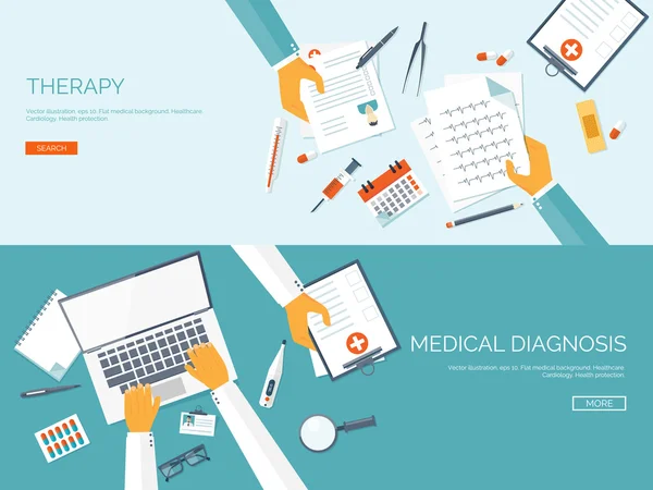 Vector illustration. Flat medical background. First aid and diagnostic. Medical research and therapy. Global healthcare. — Διανυσματικό Αρχείο