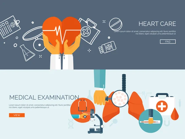 Illustrazione vettoriale. Intestazione piatta. Esperienza medica. Pronto soccorso e diagnostica. Ricerca medica e terapia. Sanità globale . — Vettoriale Stock