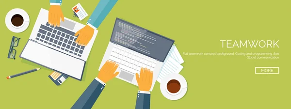 Vector illustration. Flat header. Teamwork. Smart solutions. Programming and coding. — Stok Vektör