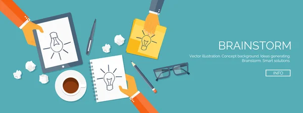 Vector illustration. Flat header.  Creativity and generating ideas. Brainstorm and coffee pause. Working. Everyday routine. — 스톡 벡터