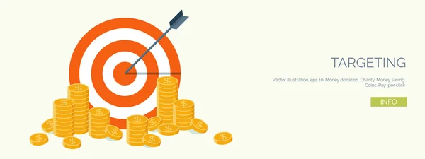 Ector illustration. Flat header.  Target and coins . Management and achievements. Smart solutions and business aims. Generating ideas. Business planning and strategy — Stockvector