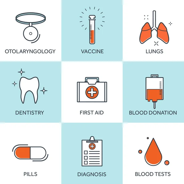 Vector illustration. Flat medical set with lined icons. First aid help and diagnosis.Medical research and therapy. Global healthcare. Dentistry and ophtalmology. Doctor. Medicaments and pills. — Stok Vektör