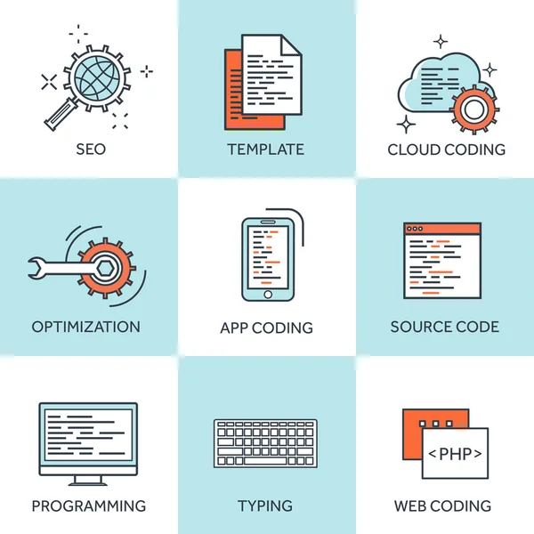 Ilustración vectorial. Fondos de computación plana con iconos y líneas. Programación y codificación. Desarrollo web y búsqueda. Optimización de motores de búsqueda. Innovación y tecnologías. Aplicación móvil . — Vector de stock