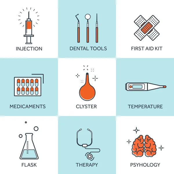 Vector illustration. Flat medical set with lined icons. First aid help and diagnosis.Medical research and therapy. Global healthcare. Dentistry and ophtalmology. Doctor. Medicaments and pills. — Stok Vektör