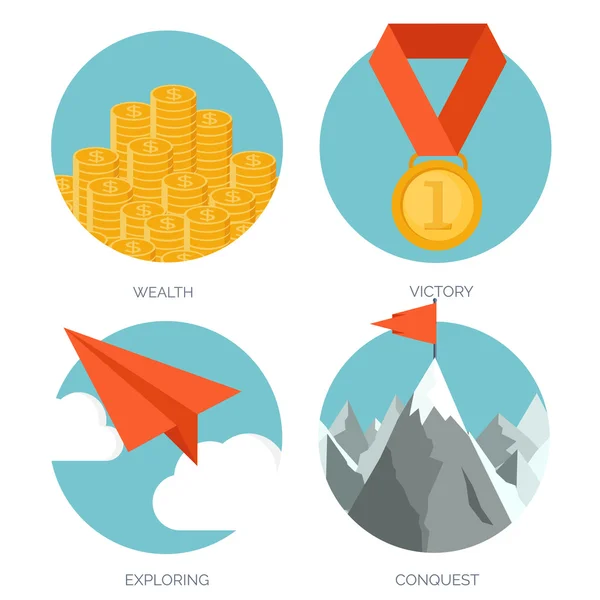 Vector illustration set. Flat business concept background. Achievements and mission. Aims and new ideas. Smart solutions. Travelling. — 图库矢量图片