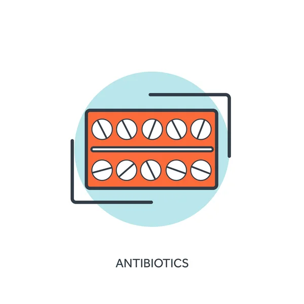 Векторная иллюстрация. Таблетки и антибиотики. Медицинская икона. оказание первой помощи и диагностика. Медицинские исследования и лечение. Глобальное здравоохранение . — стоковый вектор