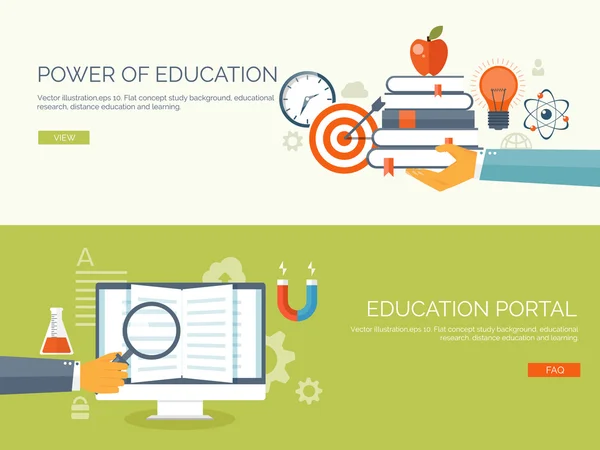 Ilustração vetorial. Fundo de estudo plano definido. Educação e cursos on-line, tutoriais web, e-learning. Estudo e processo criativo. Poder do conhecimento. Tutoriais em vídeo . —  Vetores de Stock