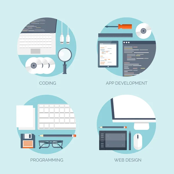 Vector illustration. Flat computing backgrounds set with icons and lines. Programming and coding. Web development and search. Search engine optimization. Innovation and technologies. Mobile app. — Stock vektor