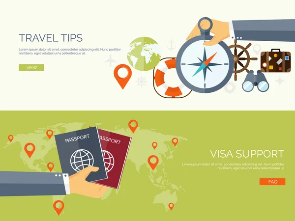 Vector illustration. Flat travel background. Tourism and visa support. Tour and trip. Summer holidays. Navigation. — ストックベクタ