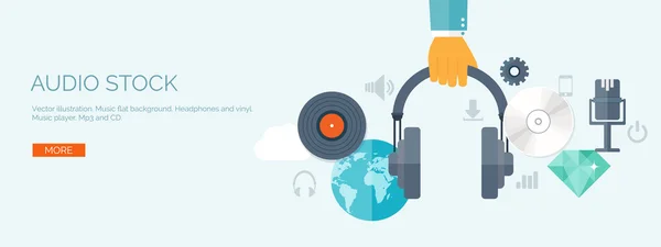 Vector illustration. Flat background. Music.production. Show business. Mp3 and compact disk. Voice recording. Singind and karaoke. Audio store. — Stok Vektör