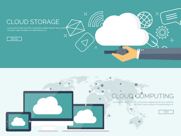 Vector illustration. Flat cloud computing background. Data storage network technology. Multimedia content and web sites hosting. Memory and information transfer. — 图库矢量图片