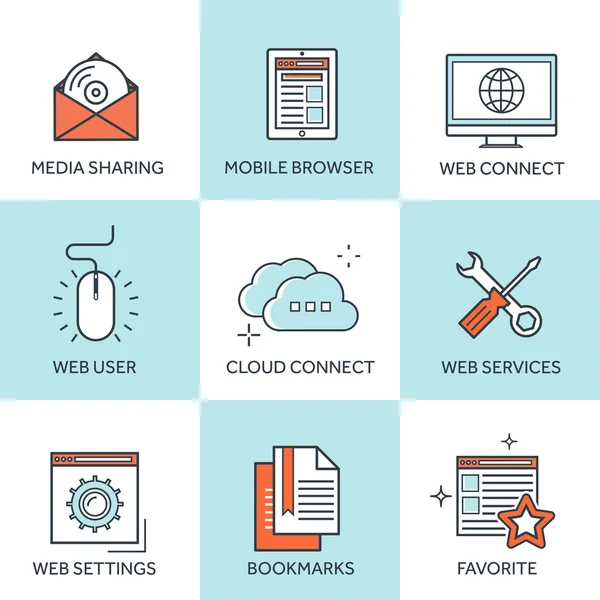 Ilustración vectorial. Set de fondos planos con bordes forrados. Navegación por Internet y computación en nube, Codificación y programación, desarrollo de aplicaciones, e-learning y e-currency. Navegación web y global — Vector de stock