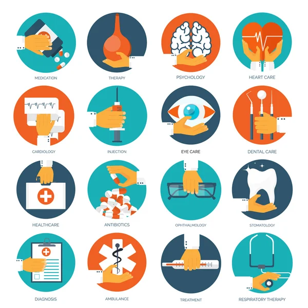 Vector illustration. Flat medical background. First aid and diagnostic. Medical research and therapy. Global healthcare. — Stok Vektör