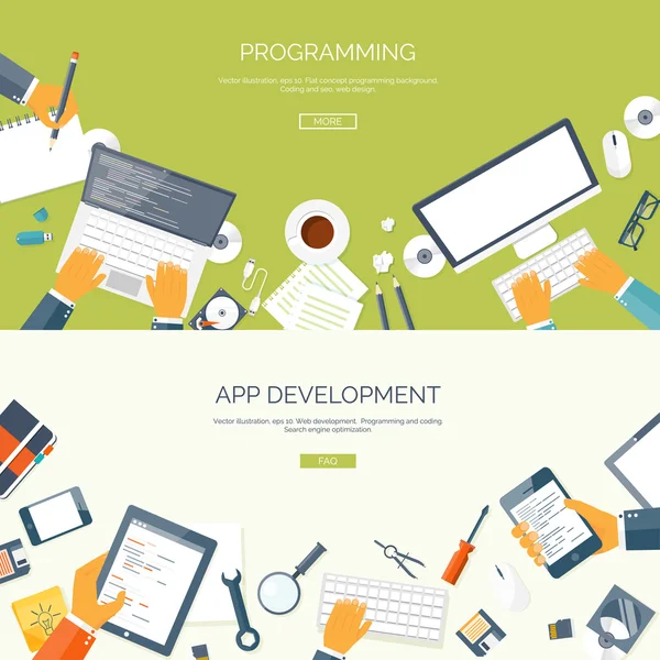 Vector illustration. Flat backgrounds set. Programming and coding online. Web courses. Internet and web design. App development. — ストックベクタ