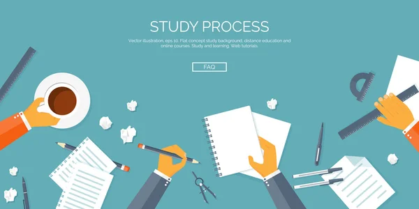 Illustrazione vettoriale. Intestazione piatta.Istruzione e apprendimento a distanza. Corsi online e web school. Conoscenza e informazione. Processo di studio. E-learning . — Vettoriale Stock