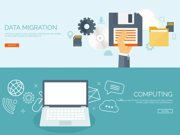 Vector illustration. Flat background. Computing, cloud technology. Data migration. — Stock vektor