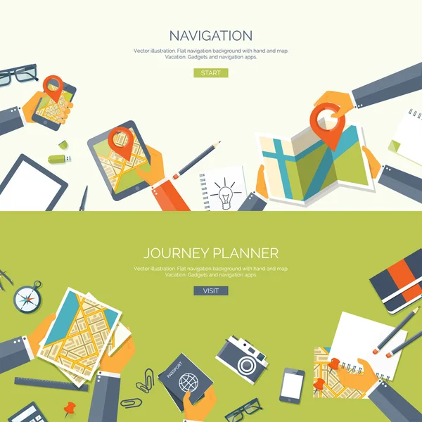 Vector illustration. Flat backgrounds set. Navigation and travelling.  Map pointer and location finding. Web application. — Stockový vektor