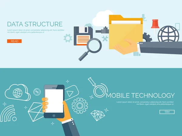 Illustrazione vettoriale. Sfondi piatti impostati. Trasferimento dati. Cloud computing e tecnologia mobile. Internet e rete . — Vettoriale Stock