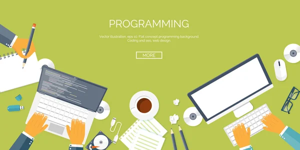 Vector illustration. Flat header. Programming and coding online. Web courses. Internet and web design. App development. — 图库矢量图片