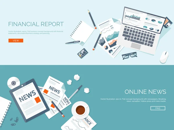 Ilustração vetorial. Fundo plano definido. Notícias online. Newsletter e informação. Notícias de negócios e de mercado. Relatório financeiro . —  Vetores de Stock