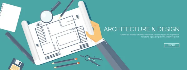 Vector illustration. Flat architectural project. Teamwork. Building and planning. Construction. Pencil, hand. Architecture and design. — Stock vektor