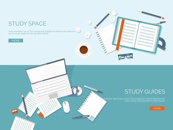 Illustrazione vettoriale. Sfondi piatti impostati. Istruzione e apprendimento a distanza. Corsi online e web school. Conoscenza e informazione. Processo di studio. E-learning . — Vettoriale Stock