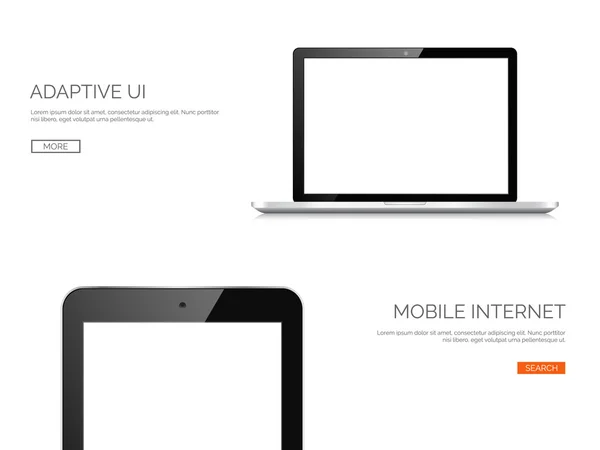 Vector illustration. Realistic laptop and tablet. Adaptive ui. Responcive web design. — Wektor stockowy