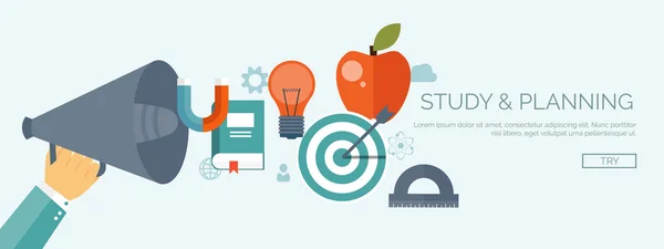 Vector illustration. Education management and online courses, web tutorials, e-learning. Study and creative process. Power of knowledge. Target, apple, bulb. — Stockový vektor