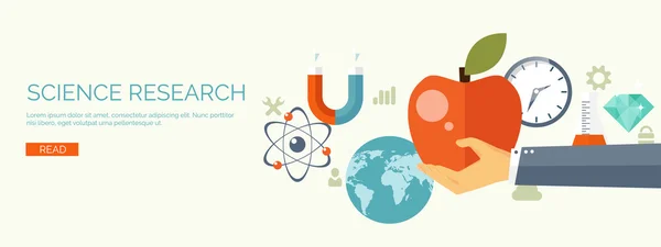 Vektorillustration. flachen Forschungshintergrund. Physik und Laborausrüstung. Experimente. atomare und molekulare Formel. Würdevoll. Apfel. Studie. — Stockvektor