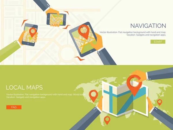 Vector illustration. Flat backgrounds set. Navigation and travelling.  Map pointer and location finding. Web application. — Stockvector