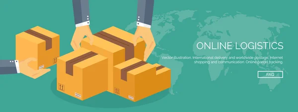 Illustrazione vettoriale. Intestazione piatta. Consegna internazionale e spedizione in tutto il mondo. Logistica e imballaggio online . — Vettoriale Stock