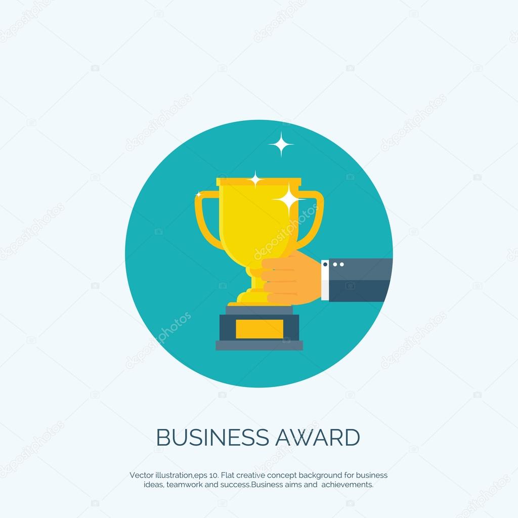 Vector illustration with flat trophy and hand. First place and business aims concept background. Teamwork and company strategy.