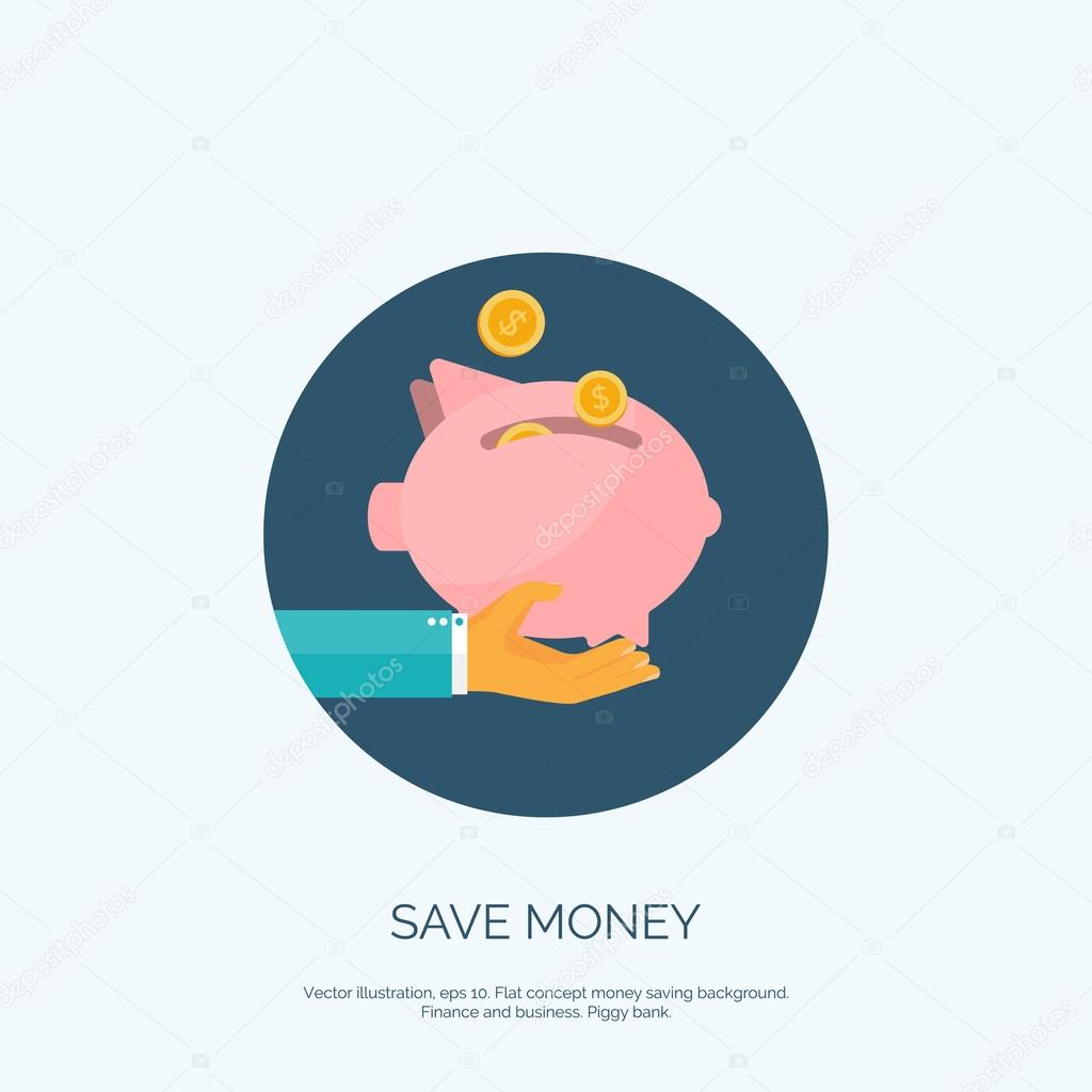 Vector illustration. Flat saving money concept background. Piggy bank and coins.
