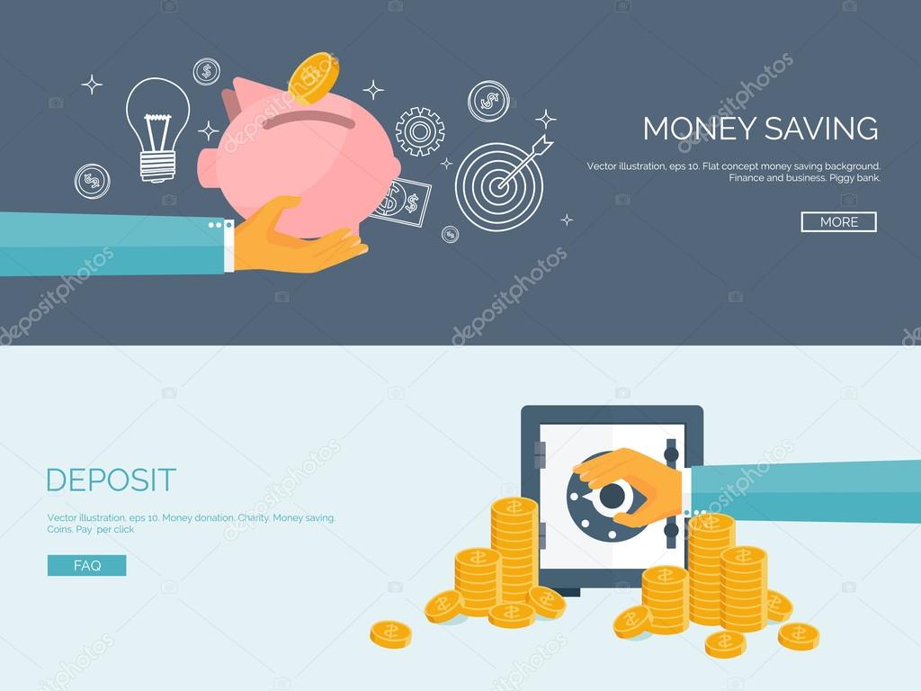 Flat vector illustration backgrounds set. Piggy bank and deposit. Money  saving and money making. Web payments. World currency. Internet store, shopping. Pay per click. Business.