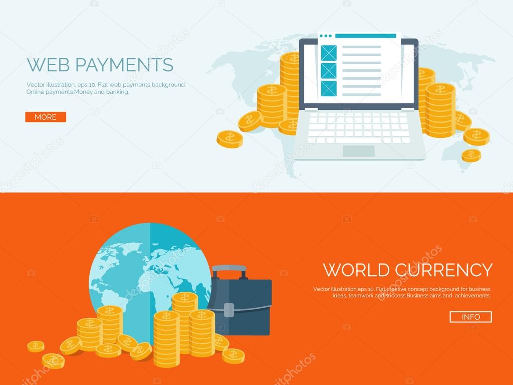 Flat vector illustration backgrounds set. Money and money making. Web payments. World currency. Internet store, shopping. Pay per click. Business.