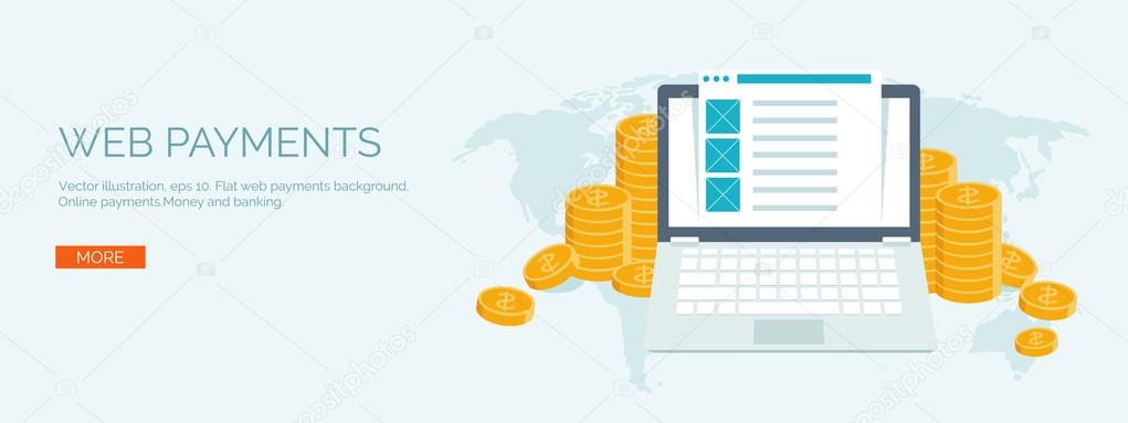Vector illustration. Flat header. Money and money making. Web payments. World currency. Internet store, shopping. Pay per click. Business.