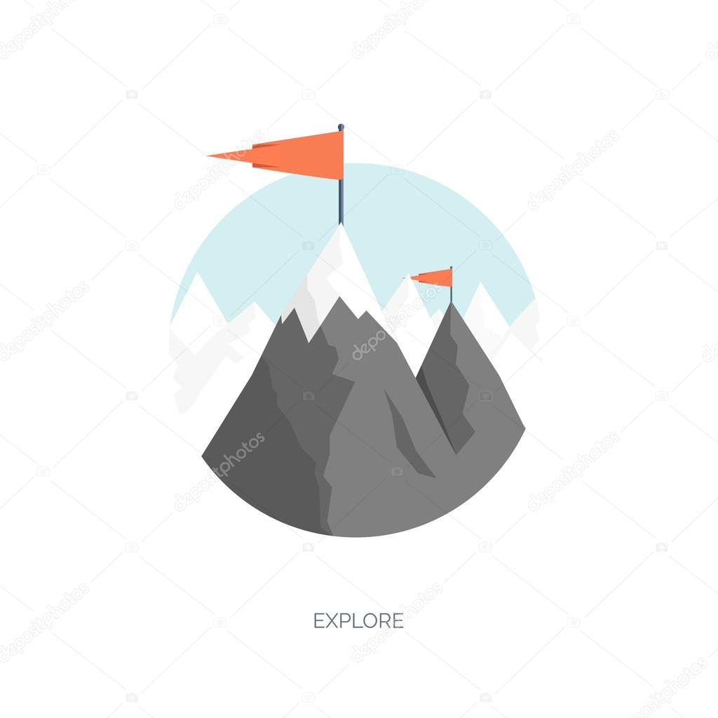 Vector illustration. Flat mountaines. Mission and achievement. Nature and travel. Success and smart solutions concept background.