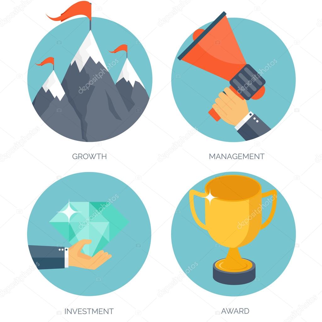 Vector illustration set. Flat business concept background. Achievements and mission. Aims and new ideas. Smart solutions. Travelling.
